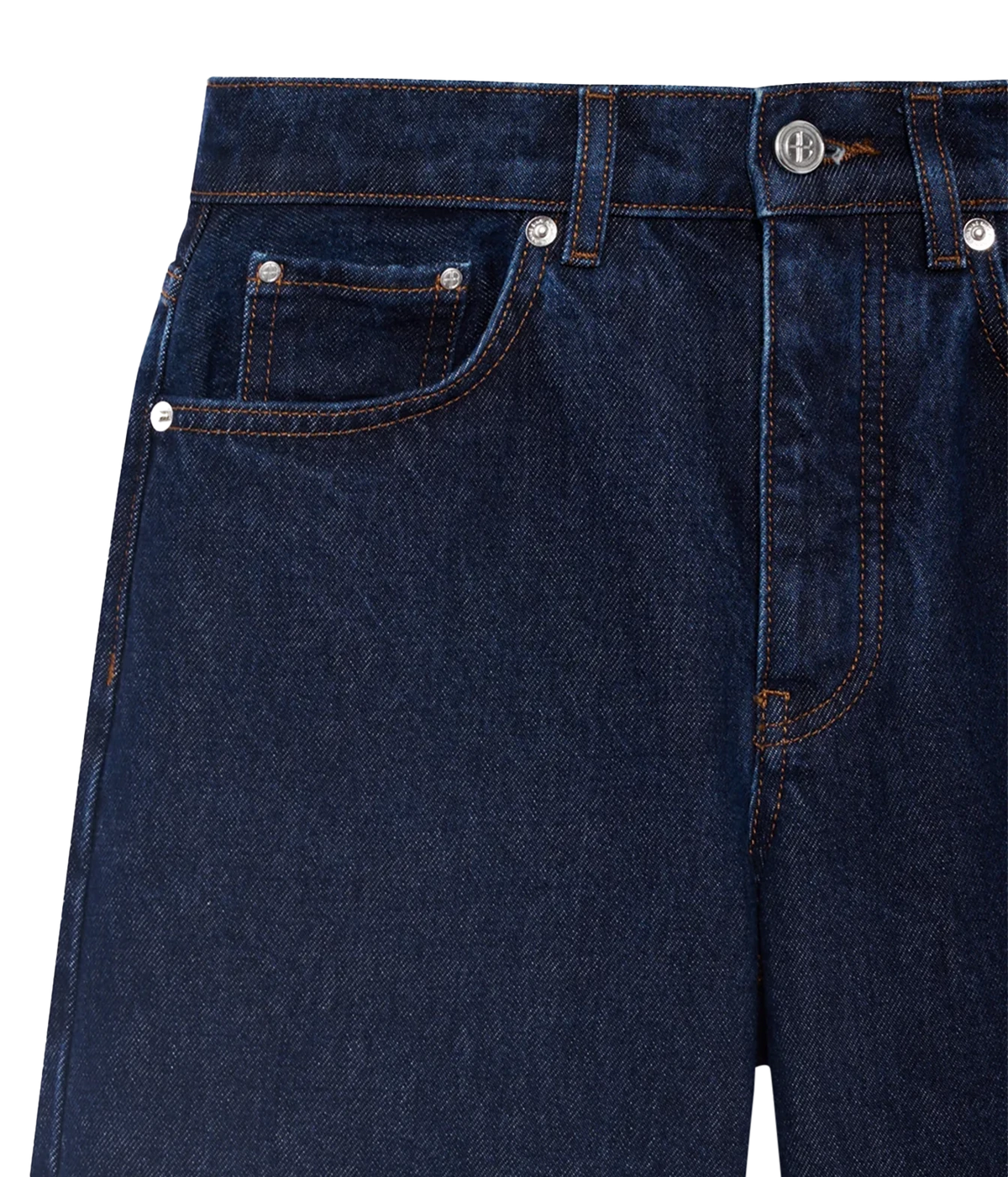 Close-up front view of the Anine Bing Hugh Jean in Unwashed Blue showing the waistband, button closure and front pockets.