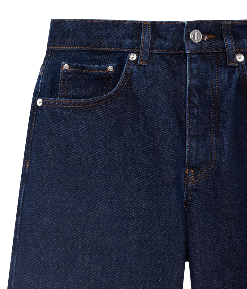 Close-up front view of the Anine Bing Hugh Jean in Unwashed Blue showing the waistband, button closure and front pockets.