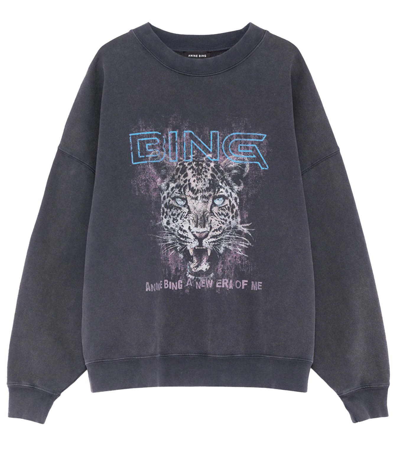 A washed black crewneck sweatshirt featuring a graphic print of a leopard with the text 'bing'