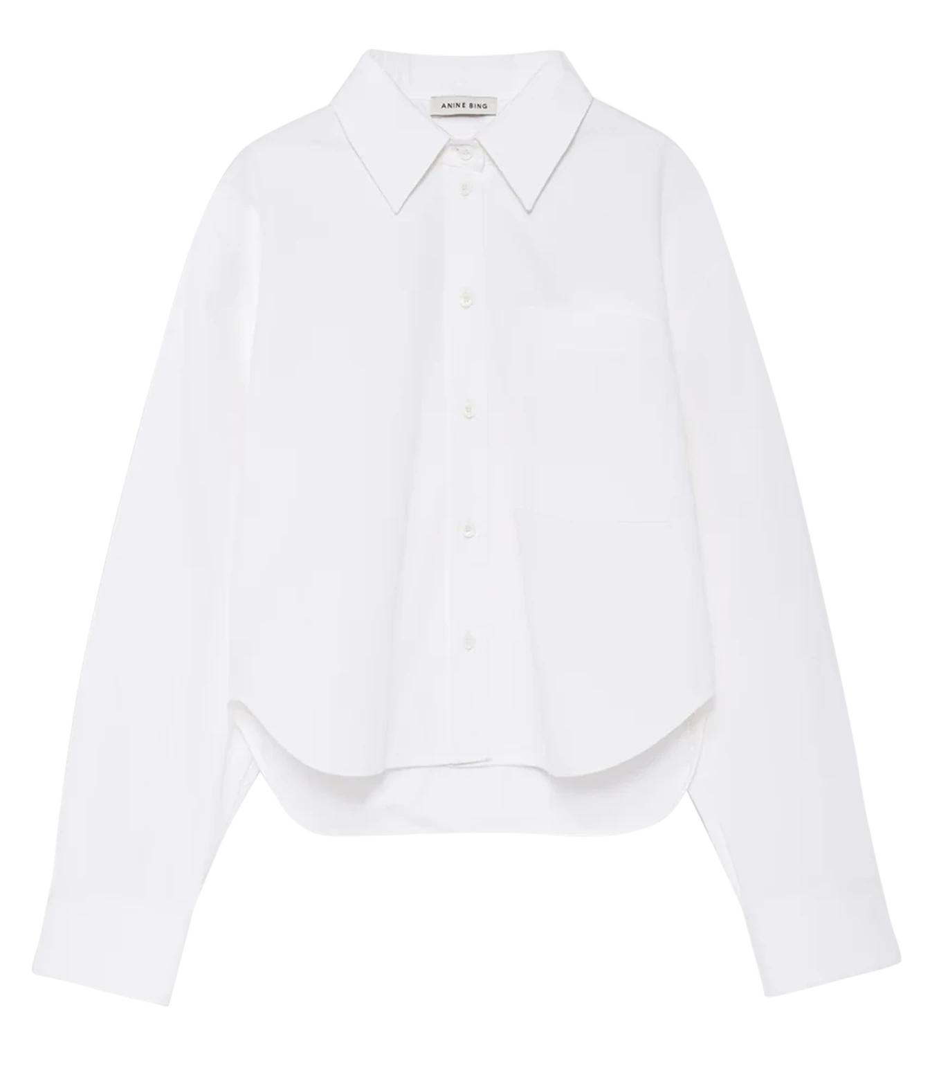 A white long-sleeve button-up shirt with a pointed collar, flat front buttons, and a single chest pocket, shown on a plain white background.