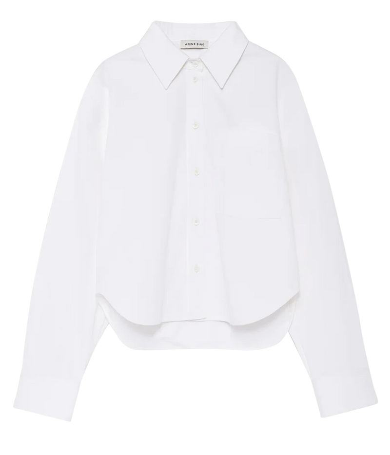 A white long-sleeve button-up shirt with a pointed collar, flat front buttons, and a single chest pocket, shown on a plain white background.