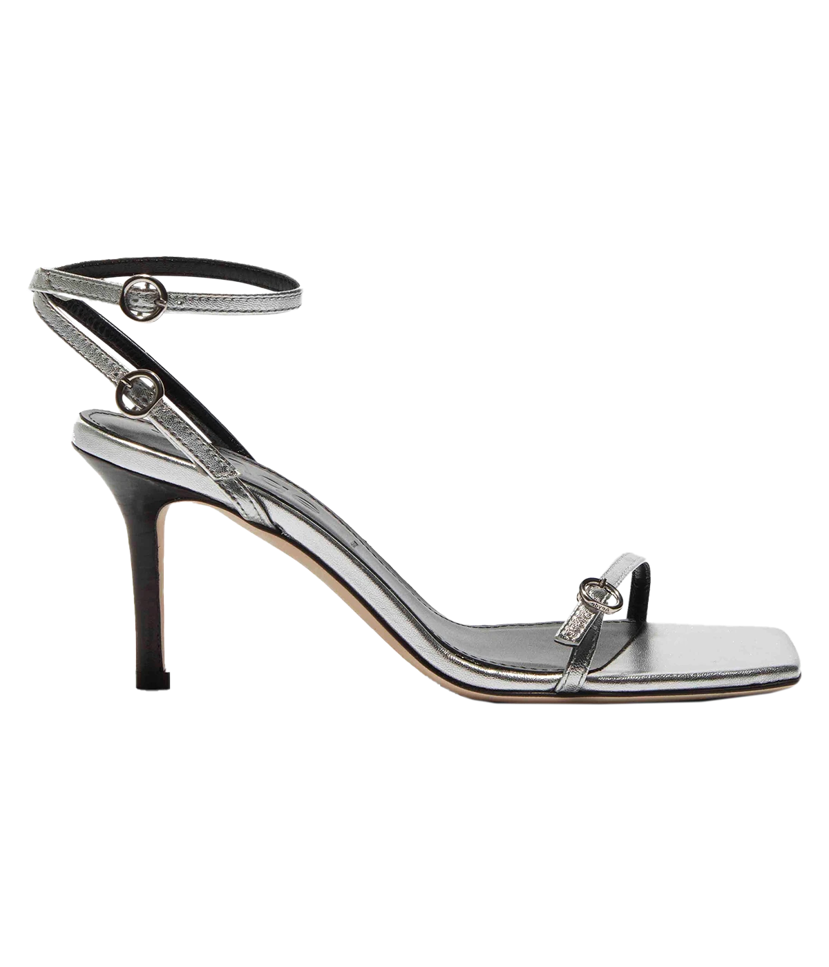 ALT text: Aeyde Hallie sandals in silver leather with square toe and adjustable straps