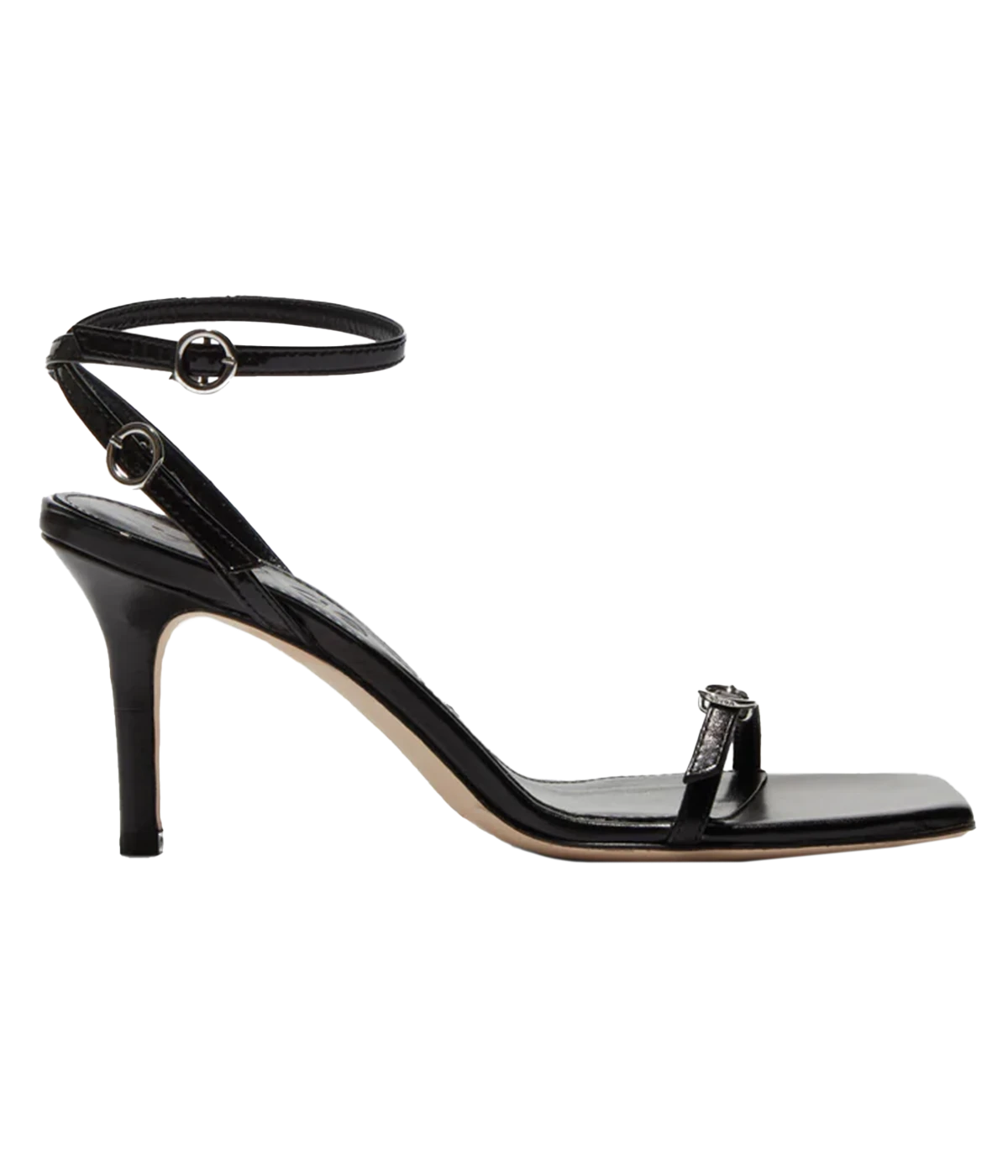 ALT text: Aeyde Hallie sandals in silver leather with square toe and adjustable straps