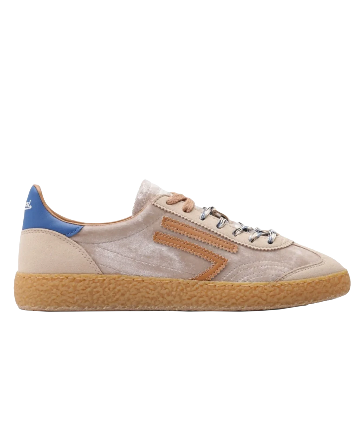 A low-top sneaker in beige suede and leather with a textured tan sole, brown side stripes, a blue heel tab, and silver eyelets, shown in a side profile on a white background.