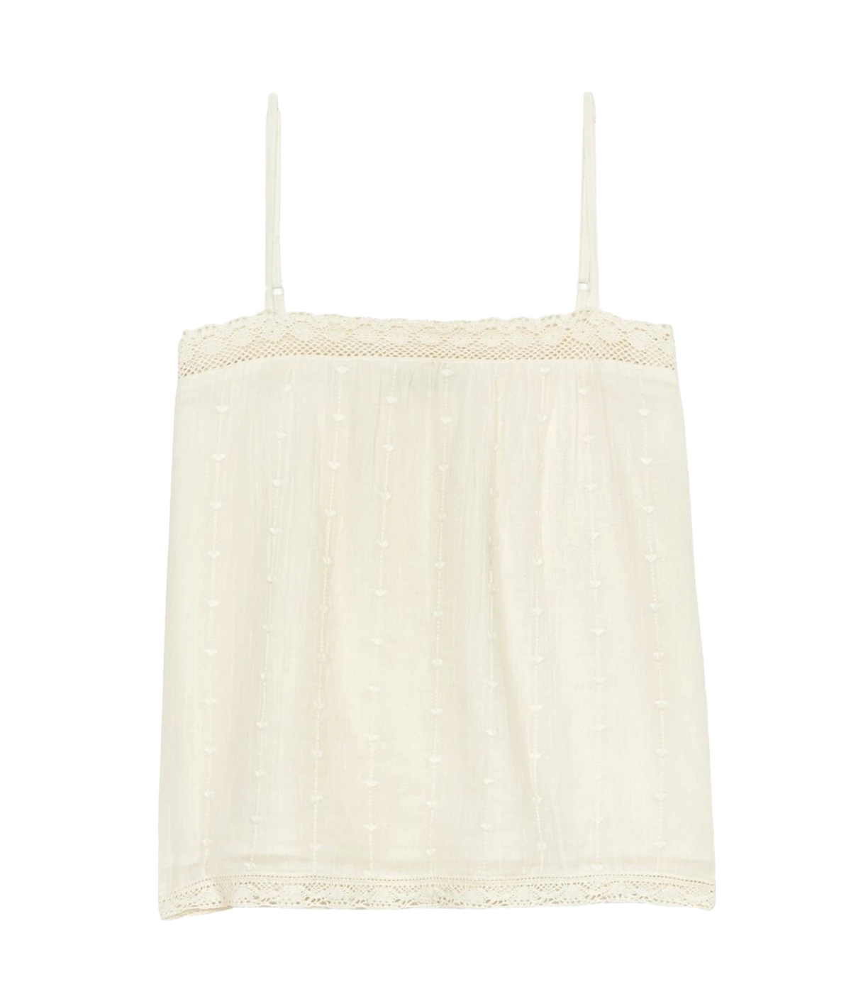 Model wearing the M.A.B.E Alli Embroidered Cami in Ecru – front view