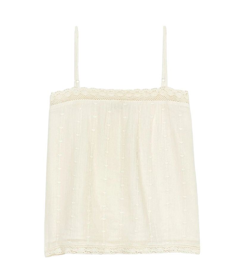 Model wearing the M.A.B.E Alli Embroidered Cami in Ecru – front view