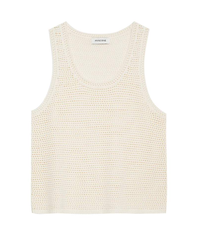 An off-white open-knit sleeveless tank top, displayed flat against a solid white background.