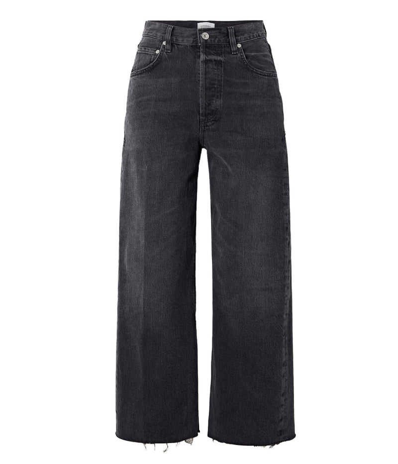 Flat lay view of Citizens of Humanity Ayla Raw Hem Jean in Bronson featuring a relaxed cropped silhouette, raw hem, and washed black denim finish.