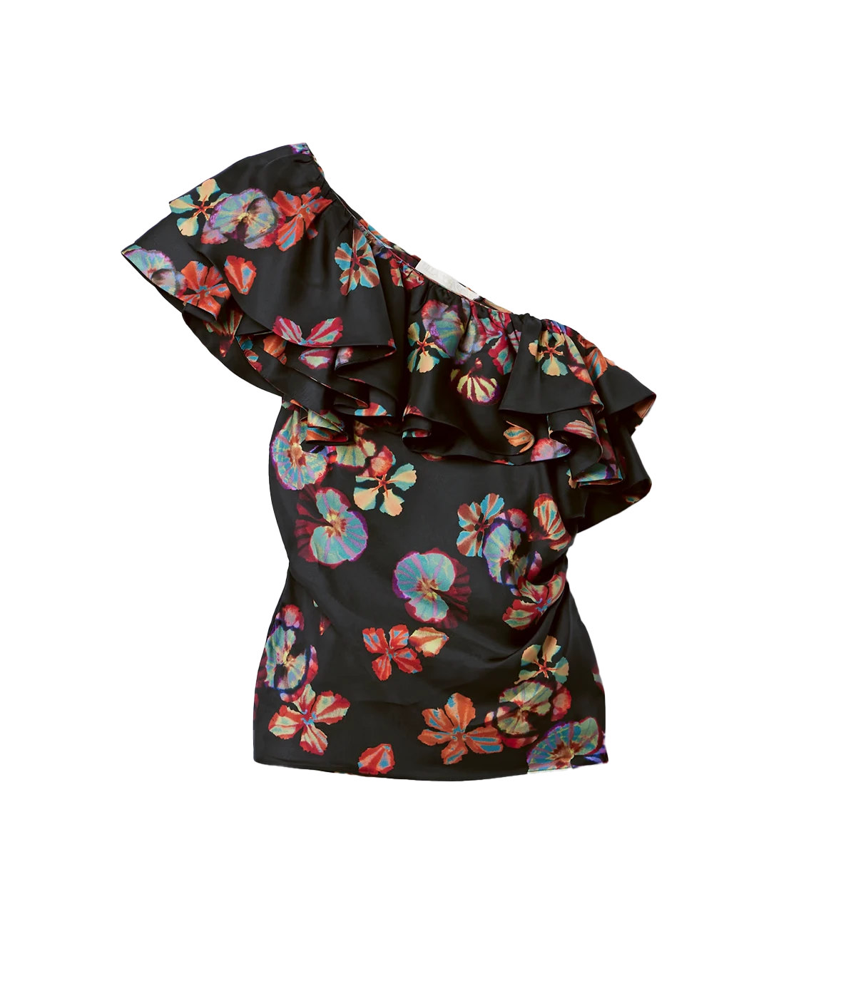 one shoulder black ruffle sleeve silk top by Ulla johnson with a multicolour floral print.
