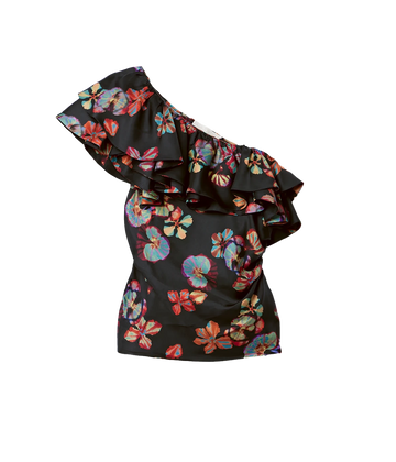 one shoulder black ruffle sleeve silk top by Ulla johnson with a multicolour floral print.