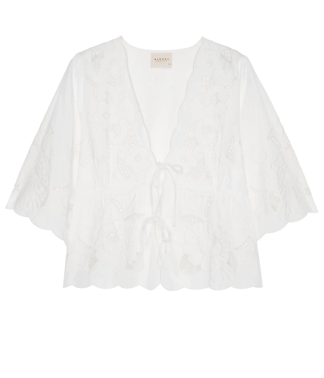 A white eyelet lace top with a deep V-neck, tie-front detail, and wide elbow-length sleeves, shown flat against a white background.