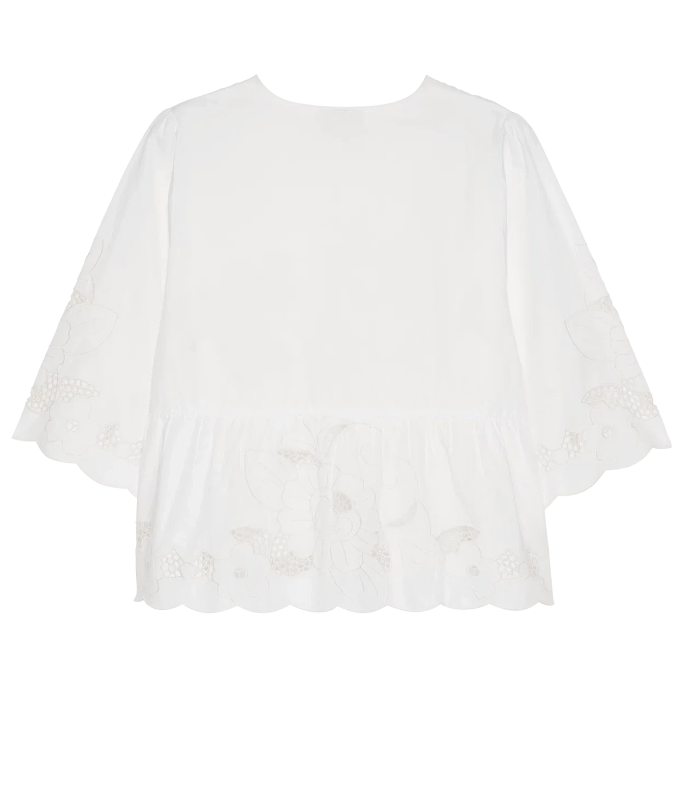 White short-sleeve blouse with embroidered floral details and a ruffled scalloped hem, shown flat on a white background.