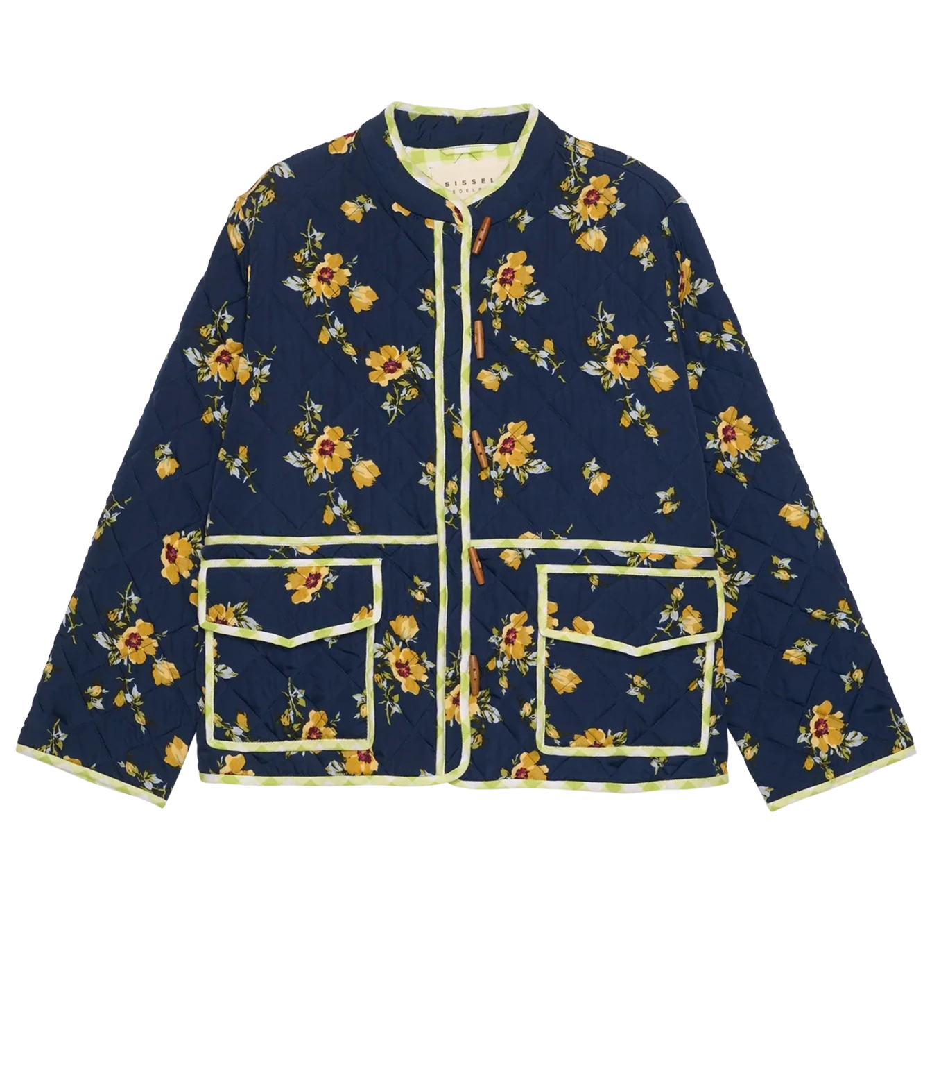 A navy blue quilted jacket with a yellow and orange floral print, featuring yellow piping and two front flap pockets, shown flat on a white background.