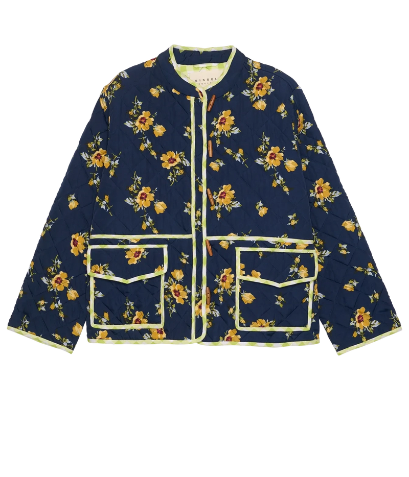 A navy blue quilted jacket with a yellow and orange floral print, featuring yellow piping and two front flap pockets, shown flat on a white background.