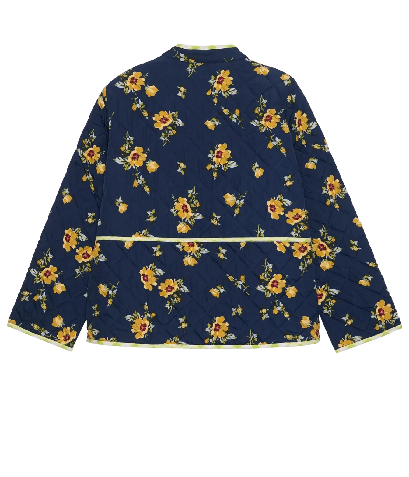 A navy blue quilted jacket with a yellow and orange floral pattern, featuring a high collar and a thin yellow-green trim along the collar, cuffs, and hem.