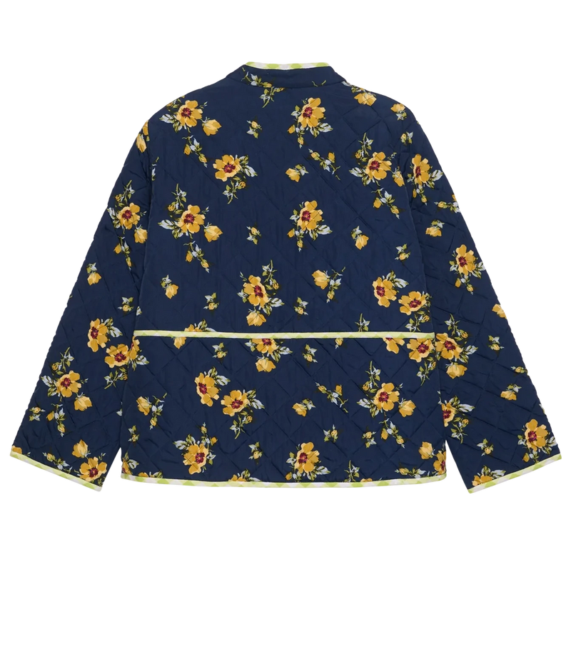 A navy blue quilted jacket with a yellow and orange floral pattern, featuring a high collar and a thin yellow-green trim along the collar, cuffs, and hem.
