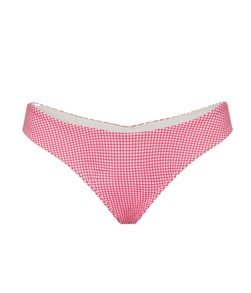 ALT Text: Flirty Katarina bikini bottom with cheeky coverage, high leg fit, and Ladybug Gingham pattern, designed to boost the booty and minimise tan lines.