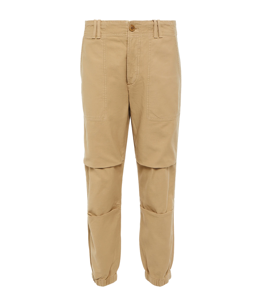 An everyday comfortable throw on and go pant, 100% cotton, cargo oversize style, Button fly closure and elastic waist, 4 pockets and cuffed ankle khaki green. Made in USA, comfortable, everyday pant, running errands, summer staple. 