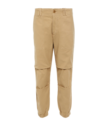 An everyday comfortable throw on and go pant, 100% cotton, cargo oversize style, Button fly closure and elastic waist, 4 pockets and cuffed ankle khaki green. Made in USA, comfortable, everyday pant, running errands, summer staple. 