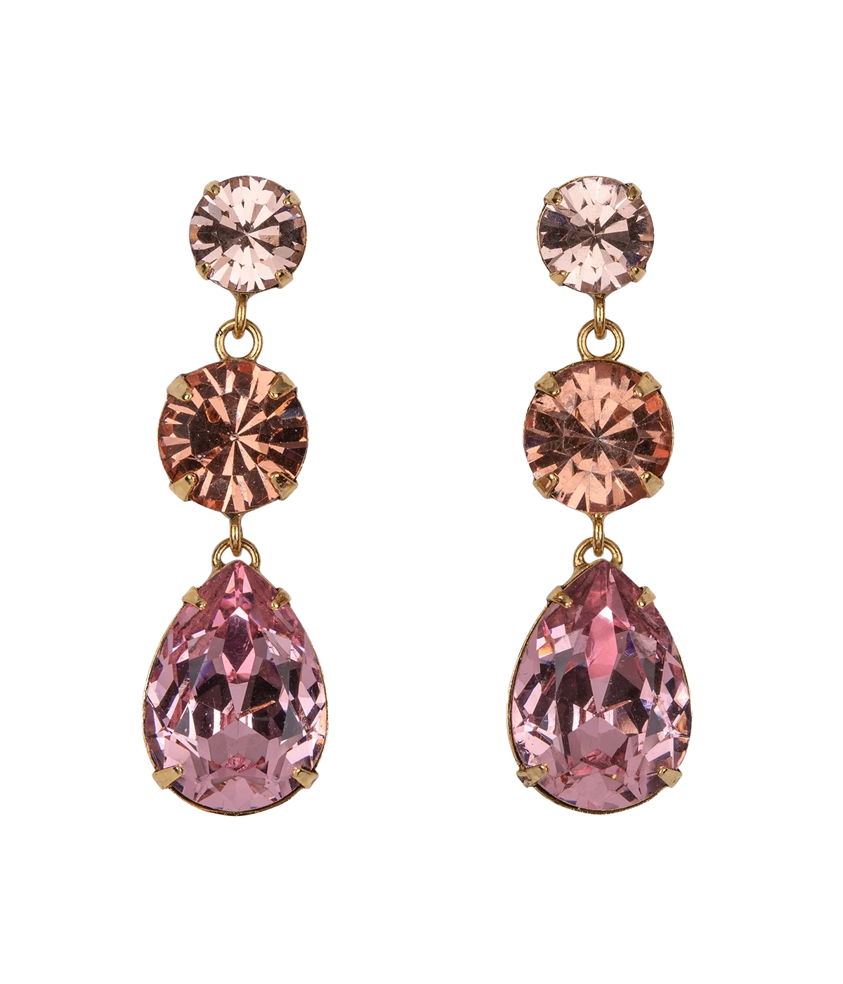 A statement drop earring, fetauring three rose coloured crystals and gold hardware. Statement jewelry, comfortable, party earrings, special occasion jewelry.   