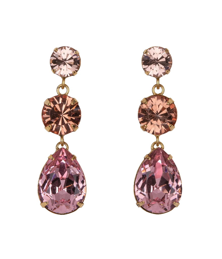 A statement drop earring, fetauring three rose coloured crystals and gold hardware. Statement jewelry, comfortable, party earrings, special occasion jewelry.   