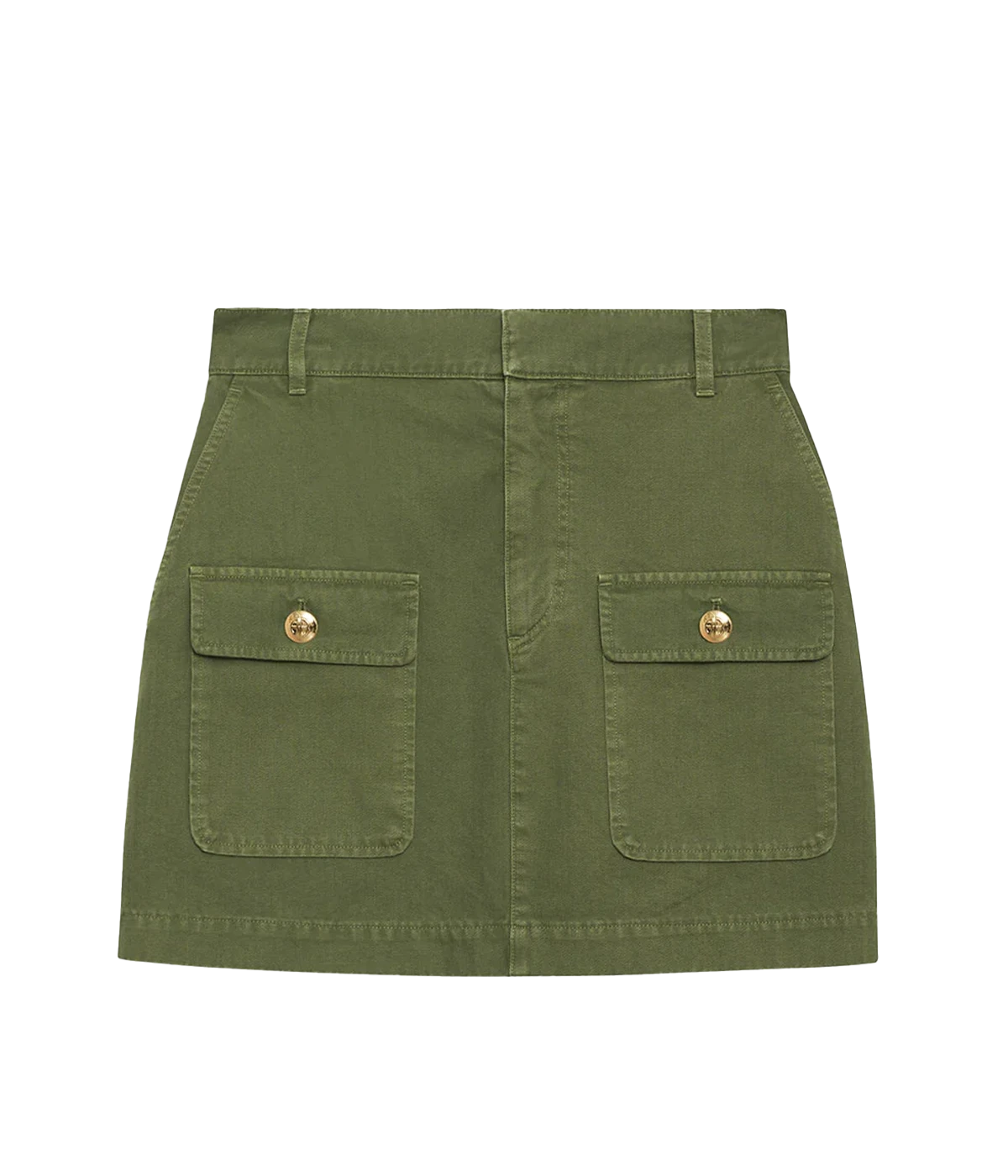 ALT text: Utility Miniskirt in herringbone-patterned cotton with oversized patch pockets, gold-tone engraved buttons, and button closure.