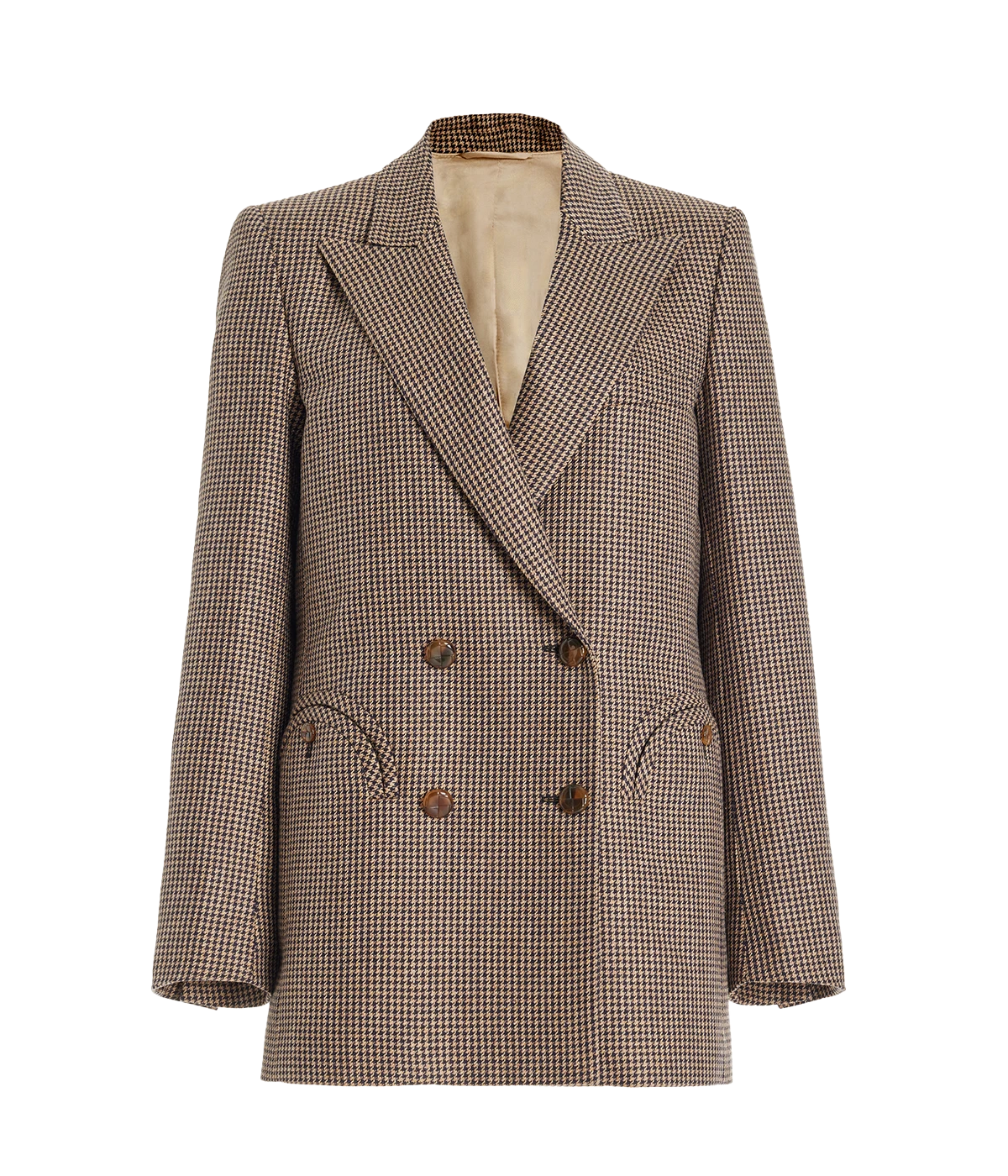 Double breasted brown houndstooth blazer by Blazé Milano. Feature Peak Lapels, single rear vent and smiley pockets.