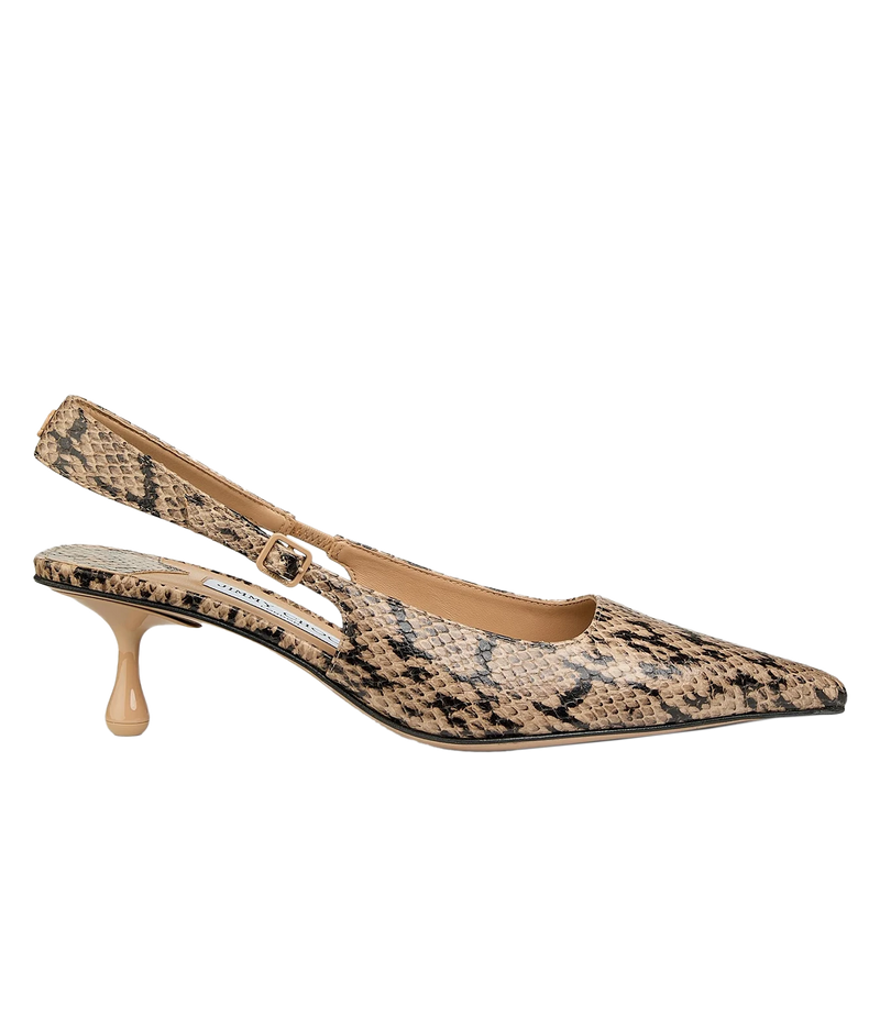A single women's slingback pump with a pointed toe and a low kitten heel, featuring a beige and black snakeskin pattern. The shoe is shown in a side profile against a solid white background.