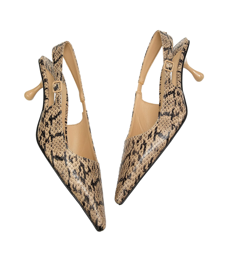 A pair of pointed-toe slingback pumps featuring a beige and black snakeskin pattern, with light tan heels and buckled ankle straps, shown against a plain white background.