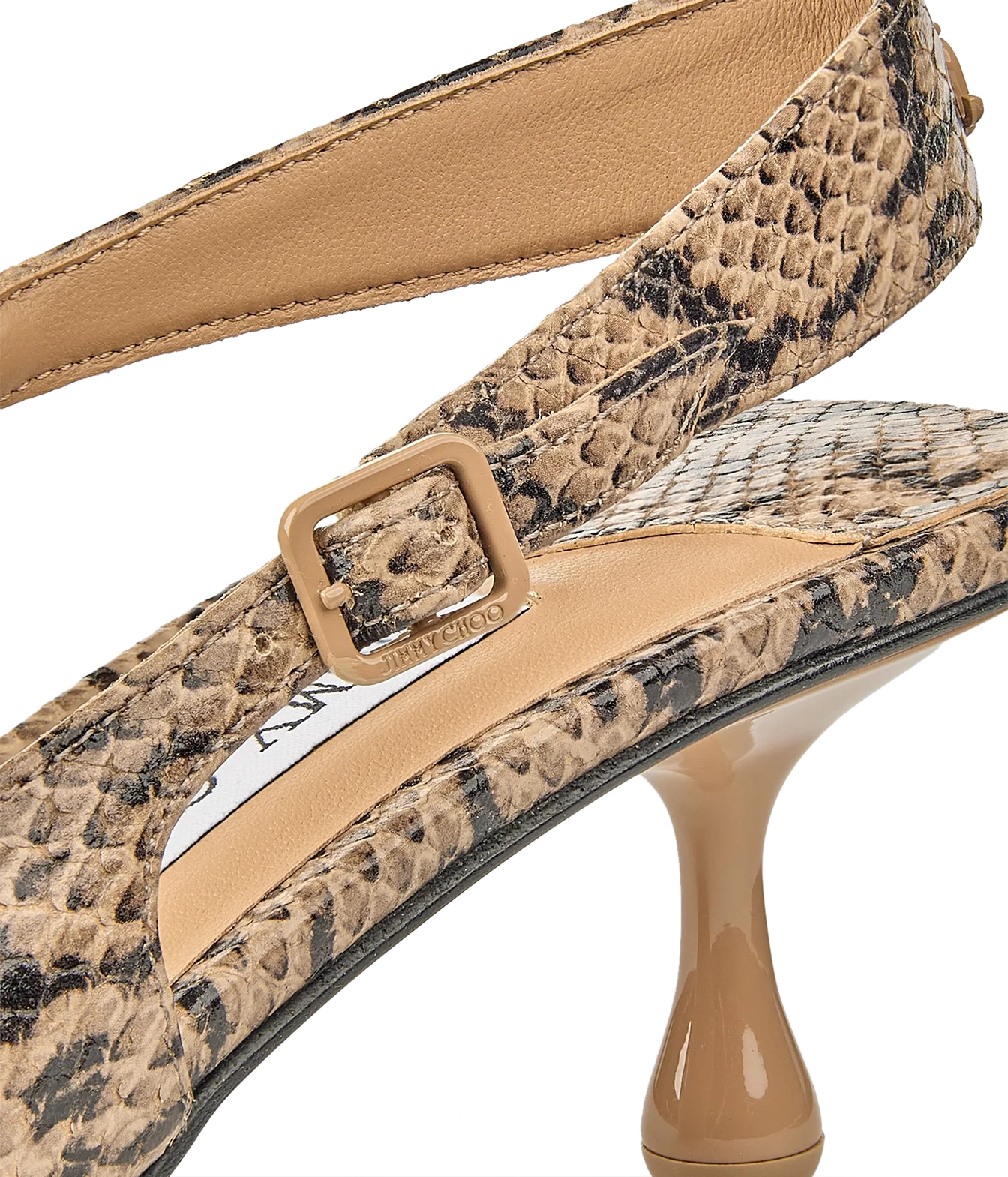 Close-up of a women's slingback high heel shoe with a snakeskin-patterned upper, beige leather strap, and glossy nude heel on a white background.