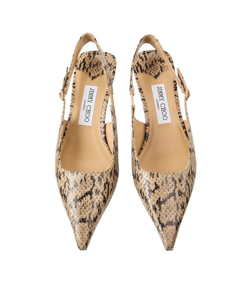 A pair of Jimmy Choo pointed slingback pumps featuring a beige and brown snakeskin pattern, shown against a plain white background.