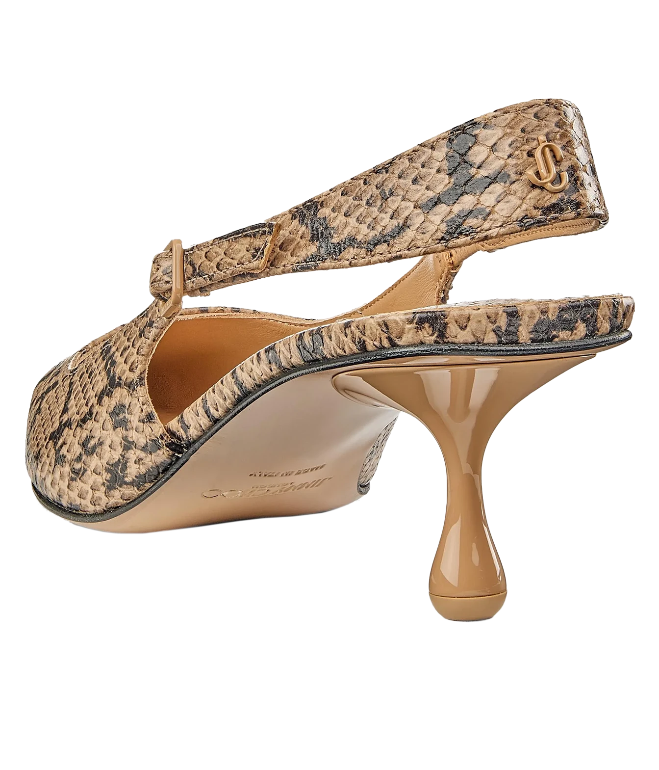 A single high-heeled slingback shoe with a beige and black python print upper, a glossy tan heel, and a gold-tone logo detail on the strap, shown against a plain white background.