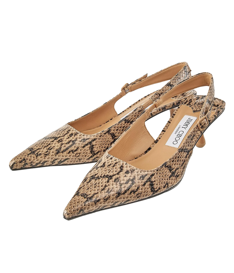 A pair of pointed-toe slingback pumps with a beige and brown snakeskin pattern, shown on a clean white background. The brand name 'JIMMY CROSO' is visible on the insole.