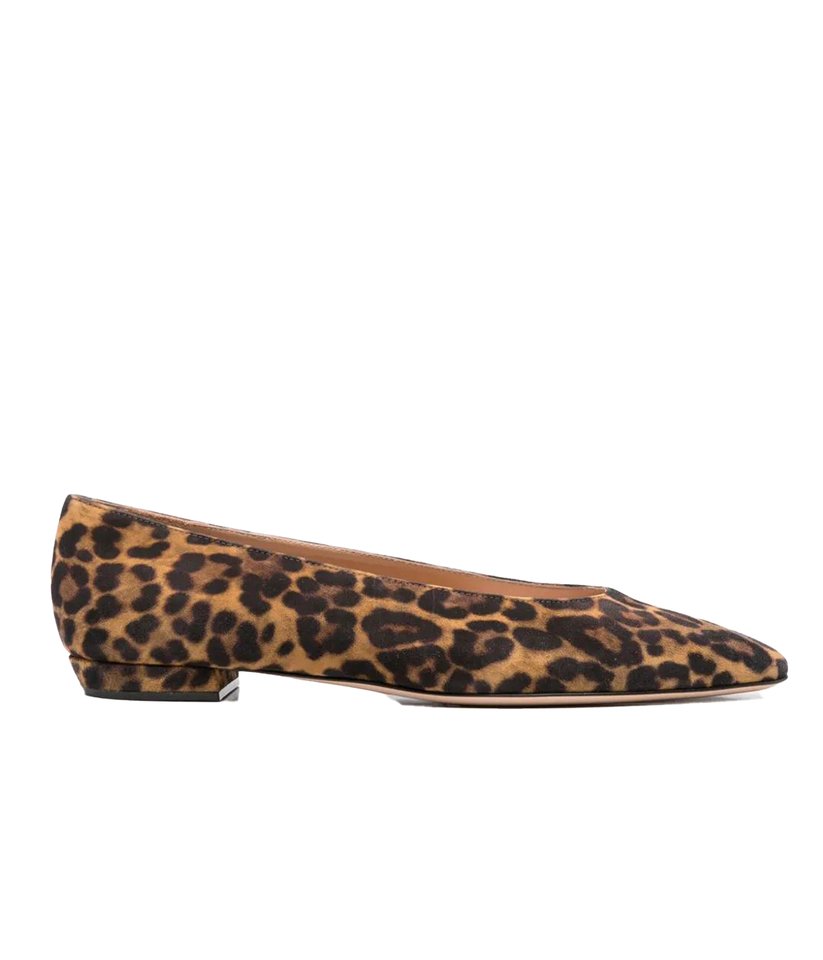 Leopard print suede ballerina flat with almond toe and wraparound silhouette, handmade in Italy