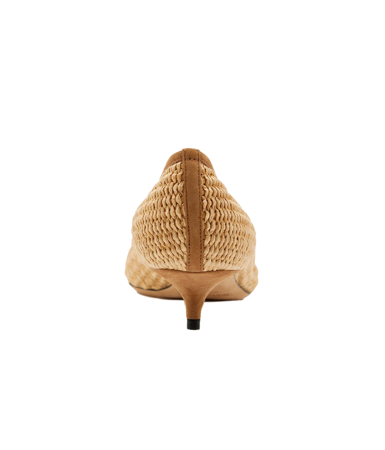 A single women's pointed-toe kitten heel shoe shown from the back, featuring a woven straw upper in a light tan color with smooth tan leather trim and a slim black-foiled heel.