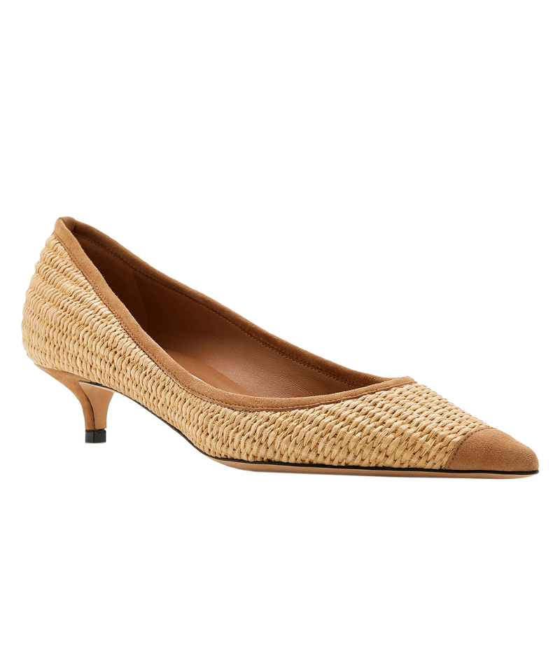 A single women's pointed-toe pump shoe with a woven straw-like upper, tan suede toe cap, and a low kitten heel, shown on a plain white background.