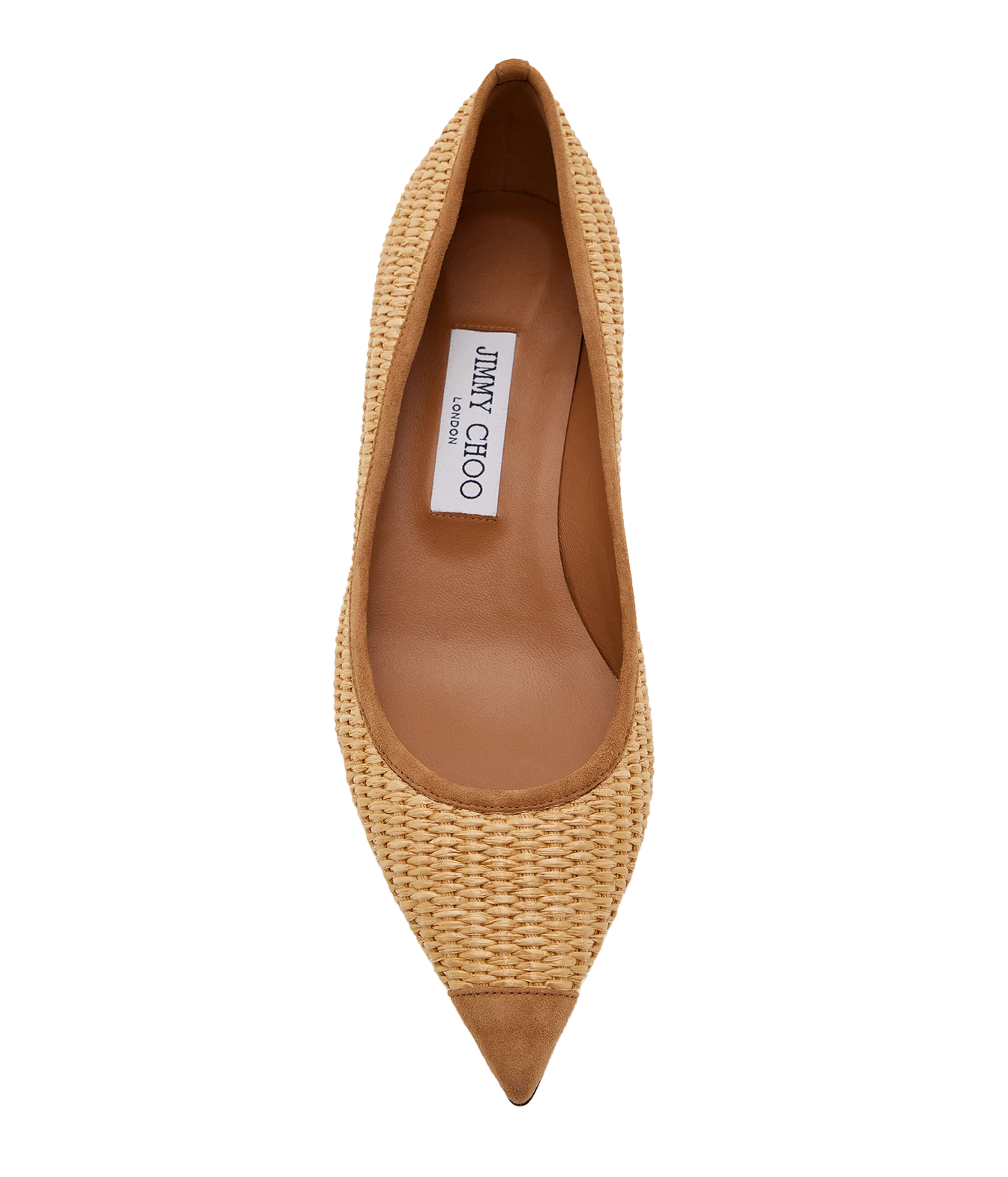 A single Jimmy Choo London pointed-toe flat shoe in a woven beige straw-like material with a tan suede cap toe and tan interior, shown from a top-down view on a white background.