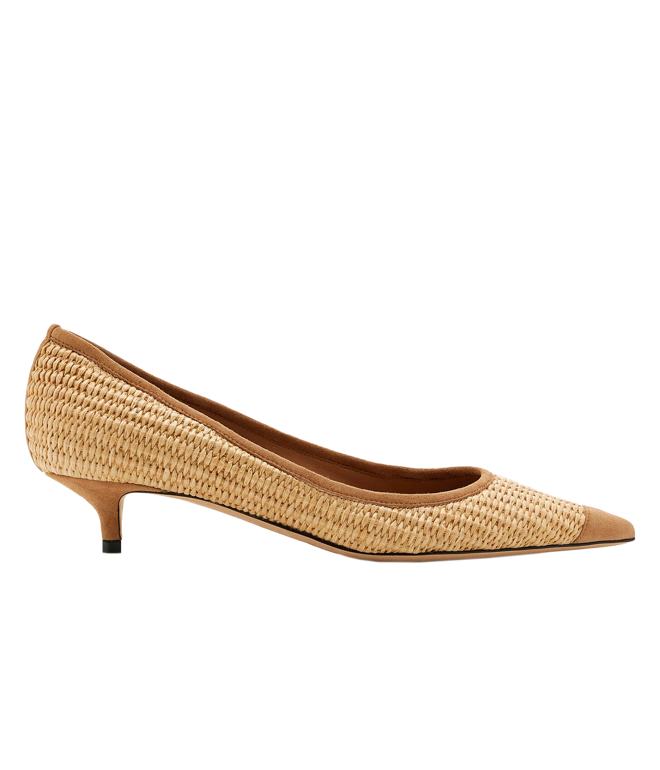 A single women's pointed-toe kitten heel pump featuring a woven straw upper and smooth tan leather trim, shown in a side profile on a solid white background.