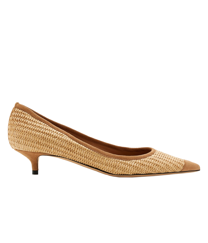 A single women's pointed-toe kitten heel pump featuring a woven straw upper and smooth tan leather trim, shown in a side profile on a solid white background.