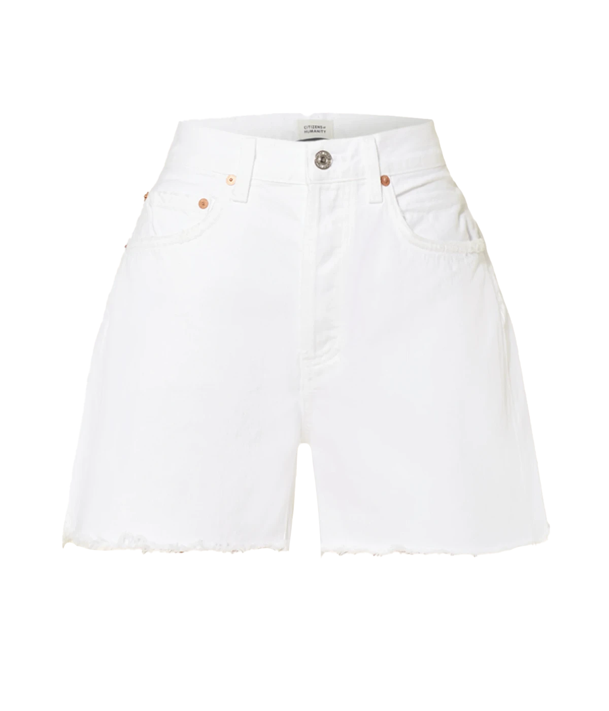 ALT Text: Vintage-inspired shorts with a boyish fit, distressed hems, and a longer 4" inseam, made from 100% cotton for a relaxed, comfortable look.