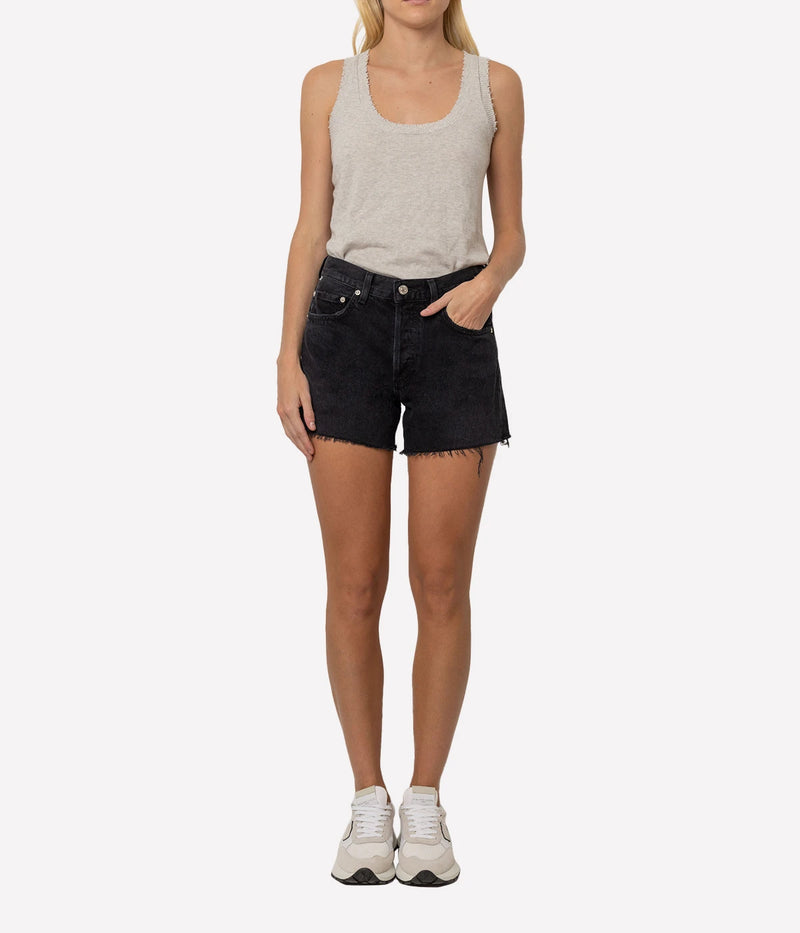 Citizens of Humanity Annabelle Long Short Jean in Black Sea worn on model, full length view of longline denim shorts styled casually