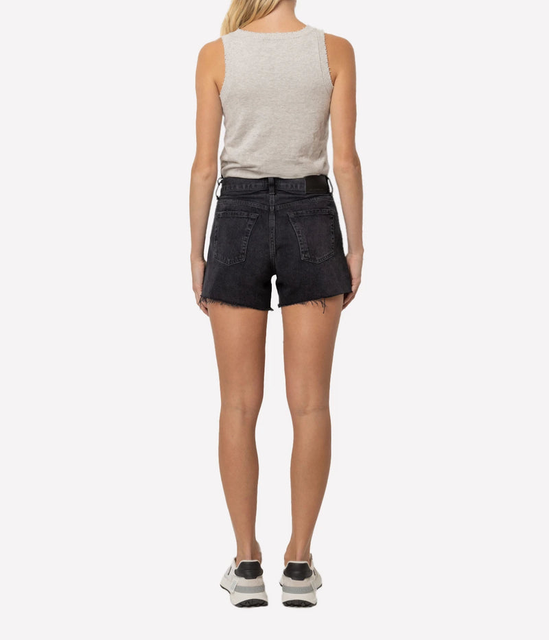 Citizens of Humanity Annabelle Long Short Jean in Black Sea worn on model, full length back view of longline denim shorts styled casually