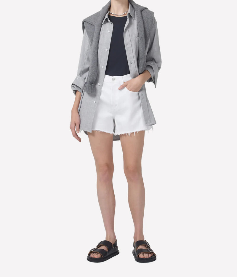 Citizens of Humanity Annabelle Long Short in Gloss worn on model, full length view of longline shorts styled casually