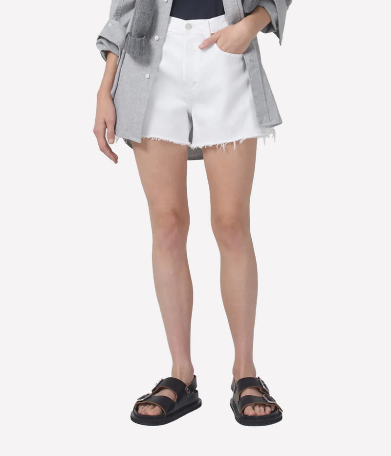 Citizens of Humanity Annabelle Long Short in Gloss worn on model, lower body front view of longline shorts showing fit and silhouette