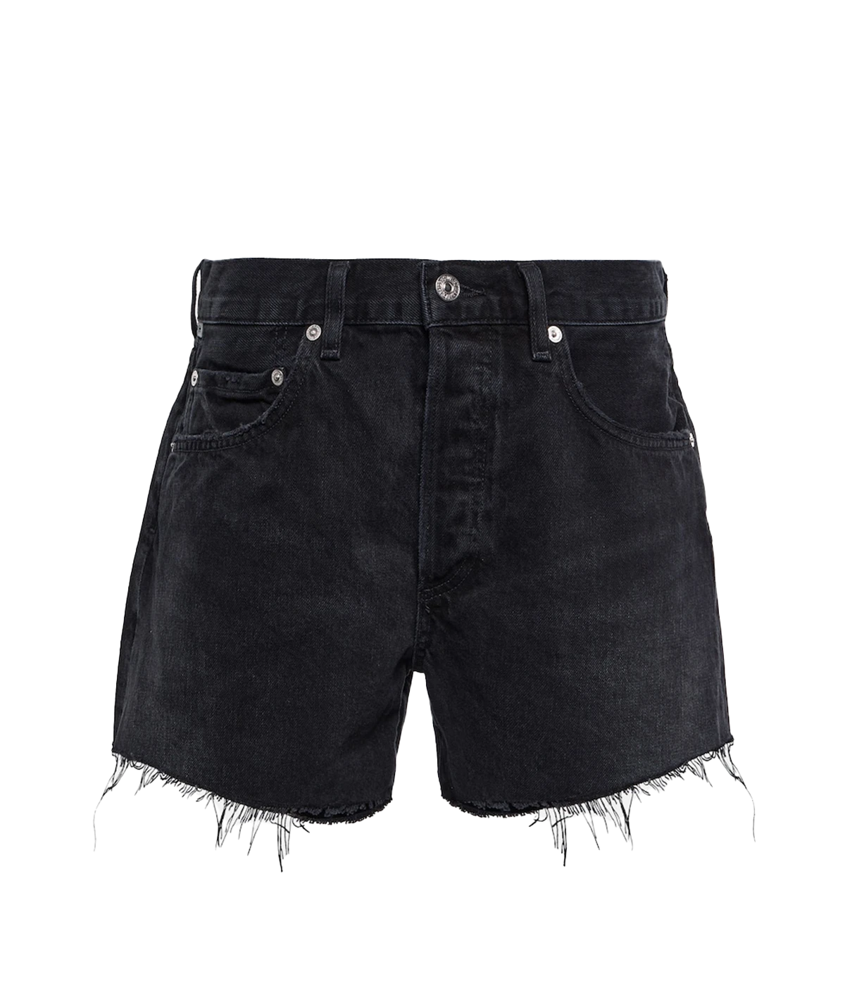 A vintage distressed denim short in a washed black colourway, featuring silver hardware, zip and button closure, distressed hem, rips and cut off style. Summer Short, comfortable, rigid denim, throw on and go, made in USA, Cotton.