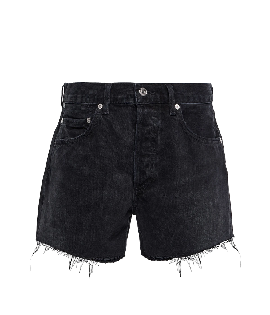 A vintage distressed denim short in a washed black colourway, featuring silver hardware, zip and button closure, distressed hem, rips and cut off style. Summer Short, comfortable, rigid denim, throw on and go, made in USA, Cotton.