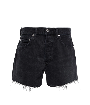 A vintage distressed denim short in a washed black colourway, featuring silver hardware, zip and button closure, distressed hem, rips and cut off style. Summer Short, comfortable, rigid denim, throw on and go, made in USA, Cotton.