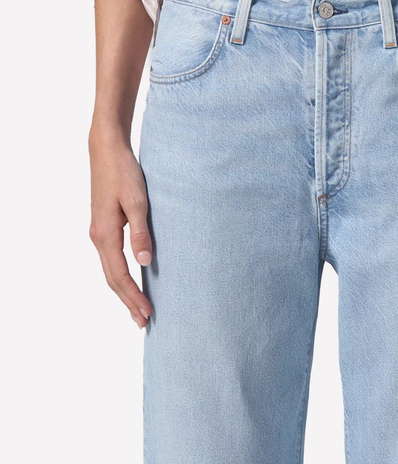 Citizens of Humanity Annina Jean in Alemayde worn on model, close-up of front fly and pocket detail showing denim texture and construction