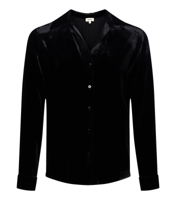 A black velvet oversized shirt, featuring luxurious velvet, timeless long sleeves, spread collar and cuffs. Elevated basic, bra friendly, made internationally, throw on and go.  