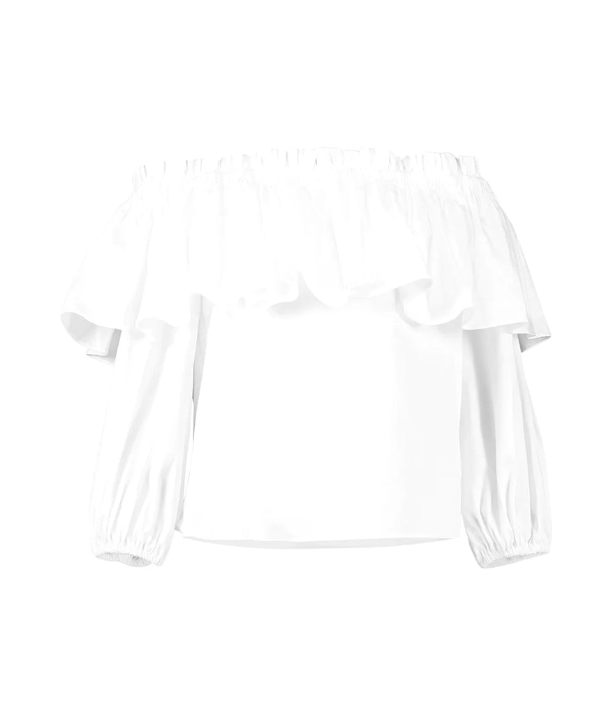 White ruffle off the shoulder top by Alexis. Adds instant style to your look, pair with your favourite bottoms and strap less bra. 